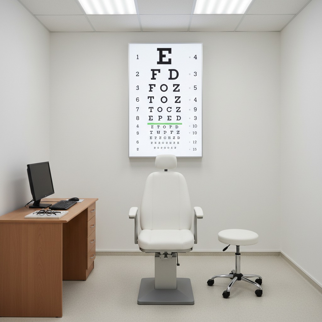 Studio medico oculistico moderno con poltrona bianca regolabile, sgabello a rotelle, scrivania con computer e tabellone luminoso per il controllo della vista appeso alla parete.